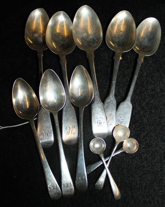 11 various silver dessert, tea and salt spoons, Georgian and later